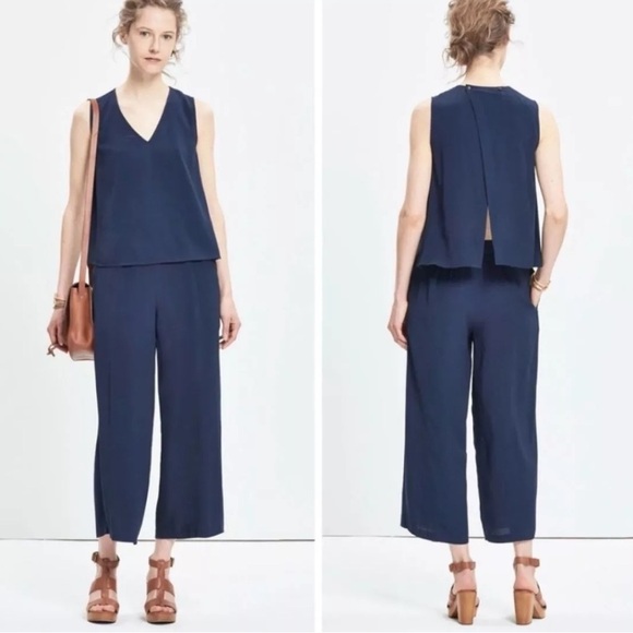Madewell Women S Navy Blue Sleeveless Open Back Cropped Key Overlay Jumpsuit - Picture 1 of 14